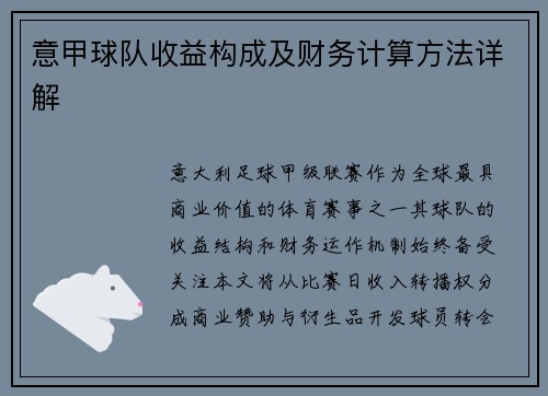 意甲球队收益构成及财务计算方法详解