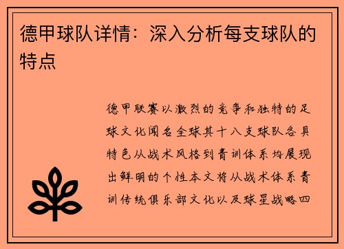 德甲球队详情：深入分析每支球队的特点